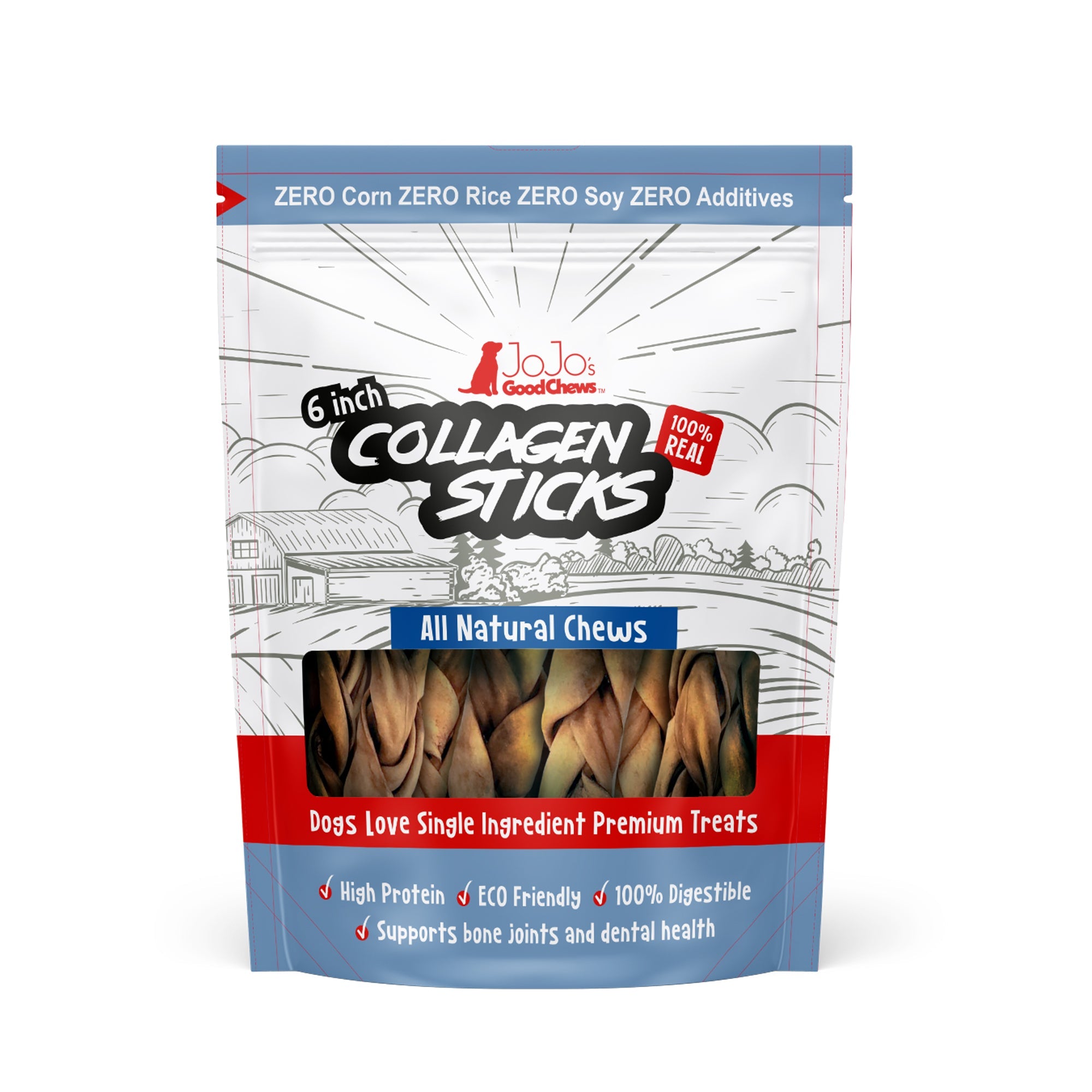 All-Natural Braided Collagen Stick Dog Treats, Supports Joint, Skin & Coat Health – 6-Inch Standard (4-Pack)